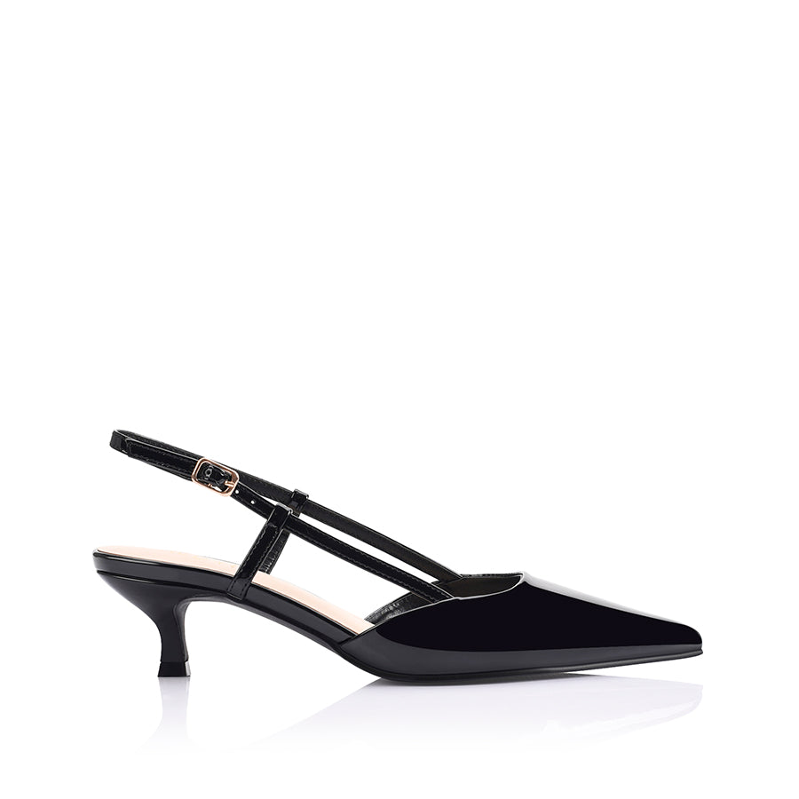 Women's black patent kitten heel slingback with pointed toe