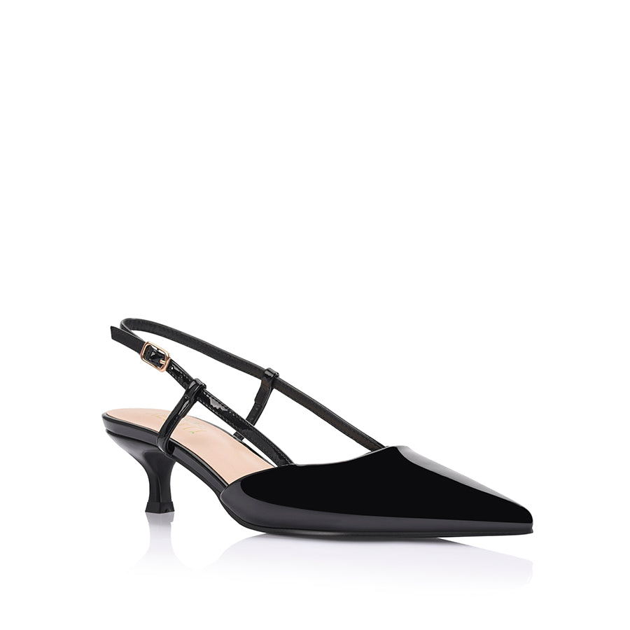 Women's black patent kitten heel slingback with pointed toe