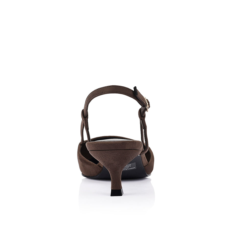 Women's chocolate brown microsuede slingback kitten heel with pointed toe and buckle fastening