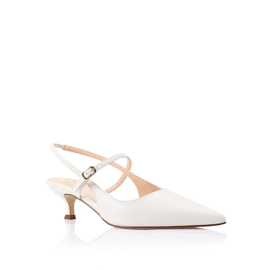 Women's vegan white smooth kitten slingback heel with mary jane strap and pointed toe