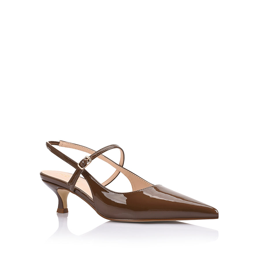 Women's vegan brown patent kitten slingback heel with mary jane strap and pointed toe