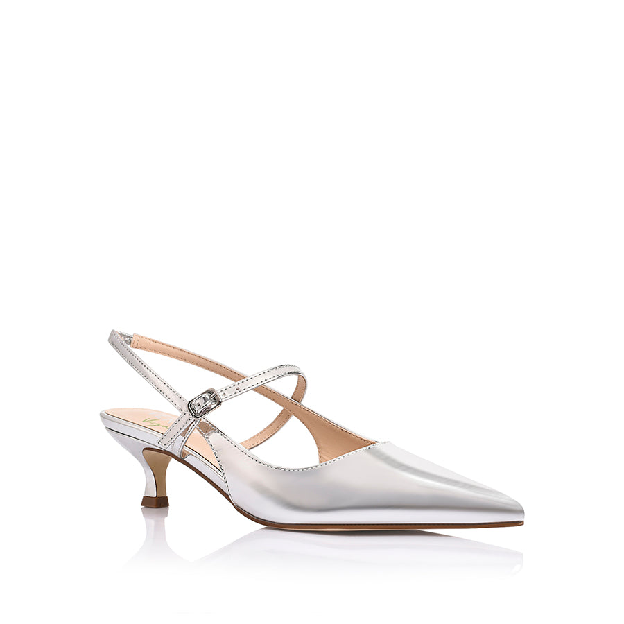 Women's vegan silver mirror kitten slingback heel with mary jane strap and pointed toe