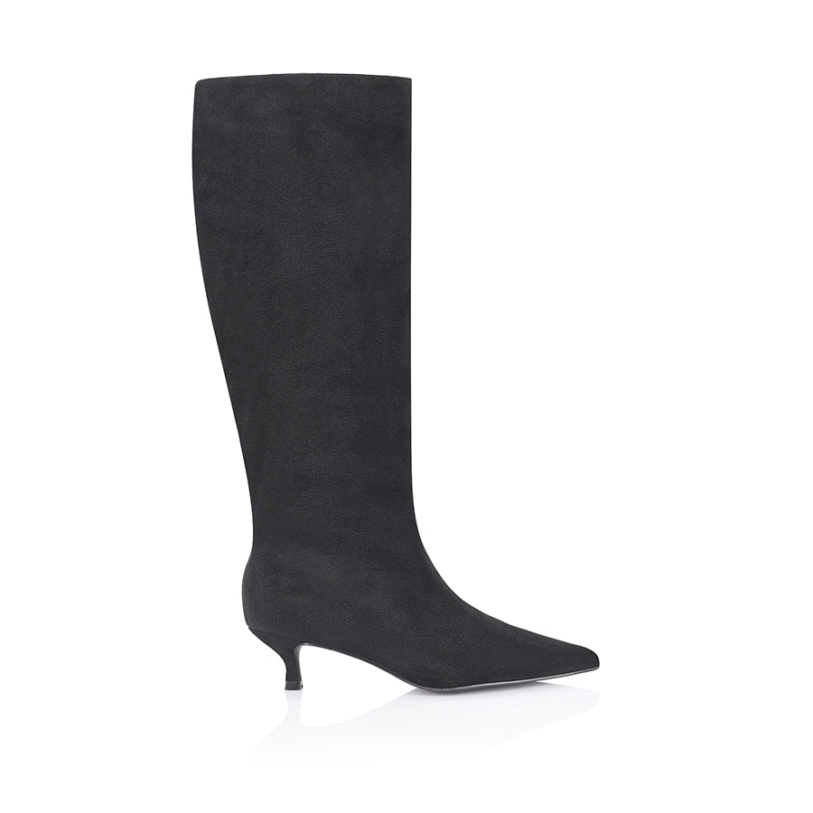 Women's tan microsuede knee high boot with kitten heel and pointed toe