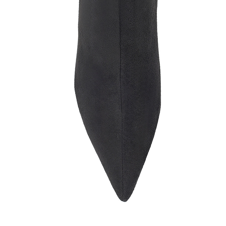 Women's tan microsuede knee high boot with kitten heel and pointed toe