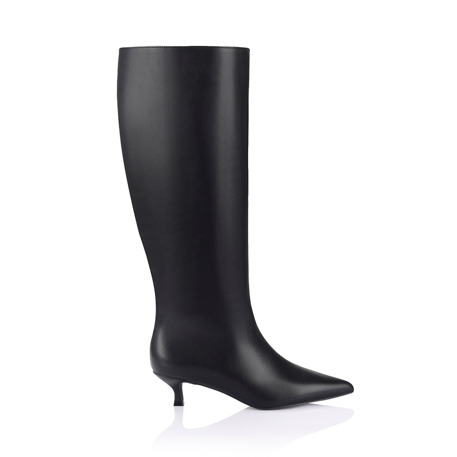Women's tan microsuede knee high boot with kitten heel and pointed toe