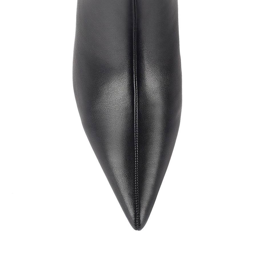 Women's tan microsuede knee high boot with kitten heel and pointed toe