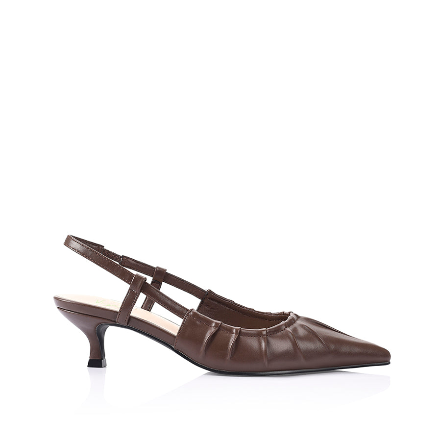 Women's chocolate brown vegan leather slingback kitten heel with pointed toe with gathered upper