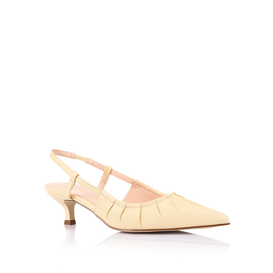 Women's vegan kitten heel slingback in buttercream yellow with gathered upper and elasticated slingback
