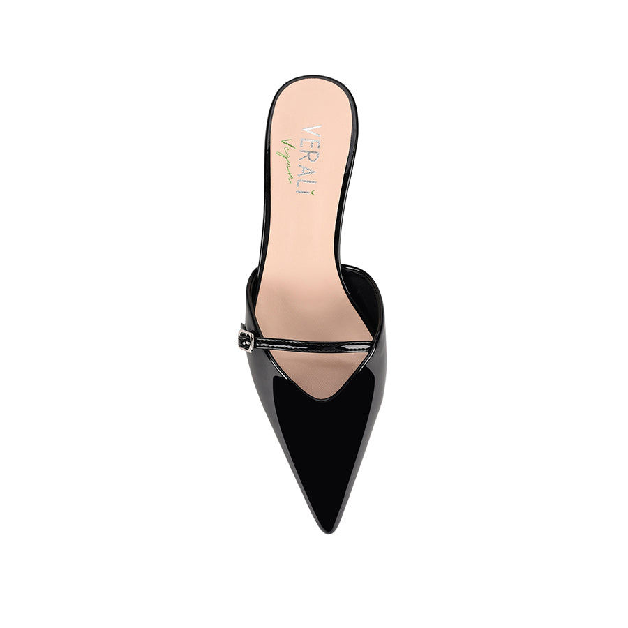 Women's black patent kitten heel mule with pointed toe and mary jane strap