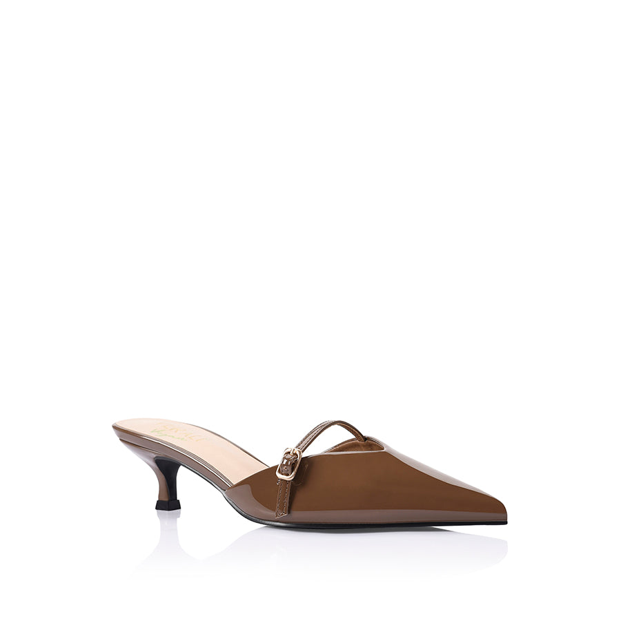 Women's brown patent kitten heel mule with pointed toe and mary jane strap