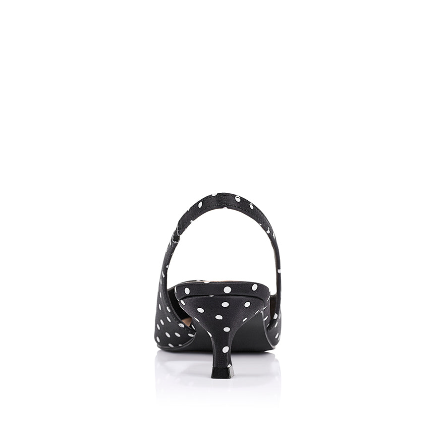 Lush Slingback Kitten Heels - Black Polka Dot Satin