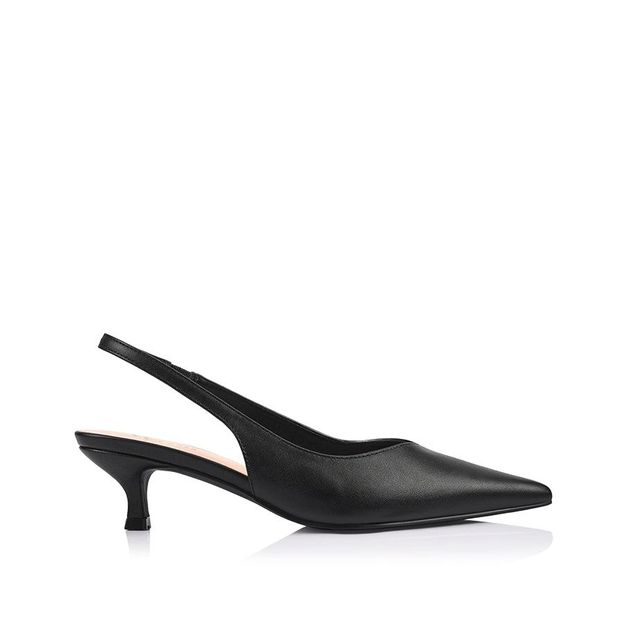 Women's black vegan slingback kitten heel with pointed toe and elastic fastening
