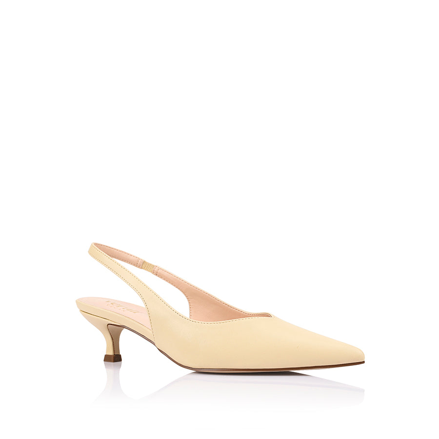 Women's buttercream yellow vegan slingback kitten heel with pointed toe and elastic fastening