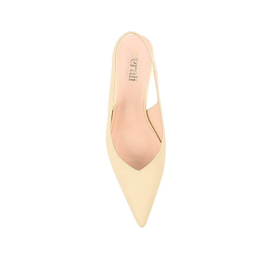 Women's buttercream yellow vegan slingback kitten heel with pointed toe and elastic fastening
