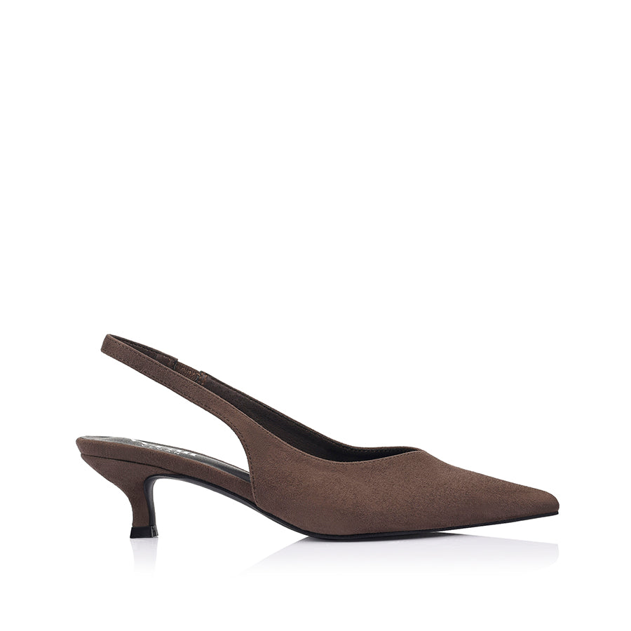 Women's chocolate brown microsuede vegan slingback kitten heel with pointed toe and elastic fastening