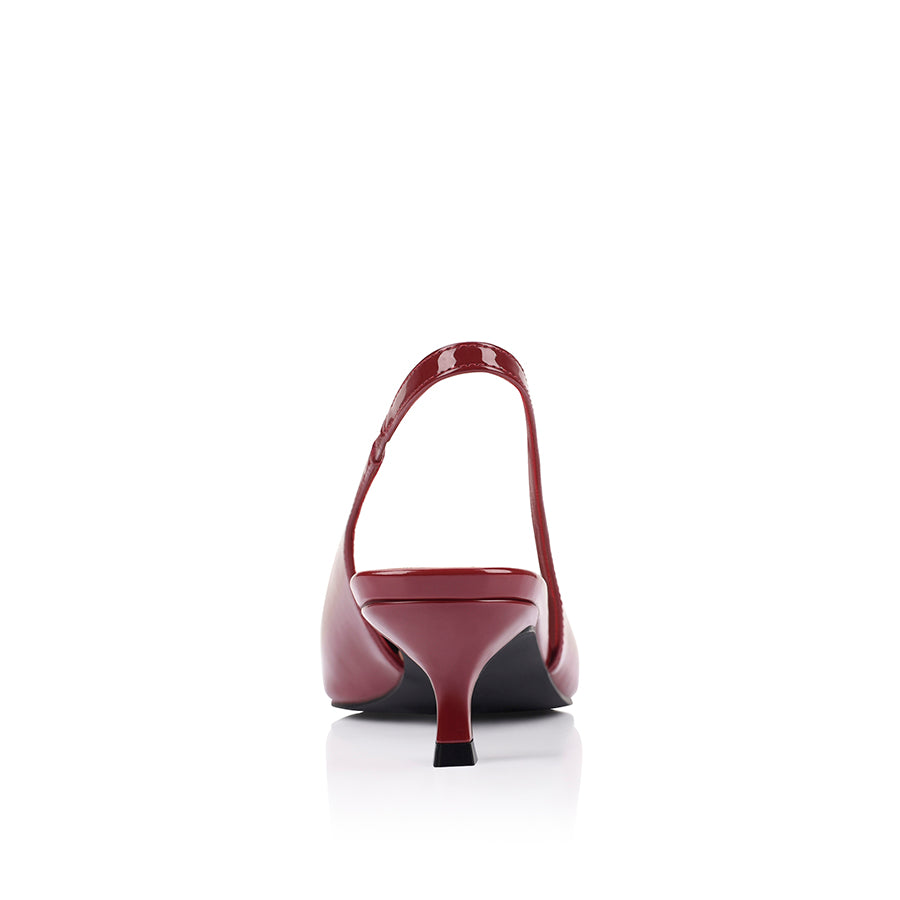 Women's red wine patent vegan slingback kitten heel with pointed toe and elastic fastening
