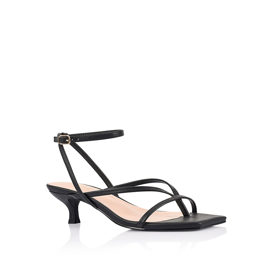 Women's low kitten heel, strappy thong style with adjustable ankle strap in smooth black