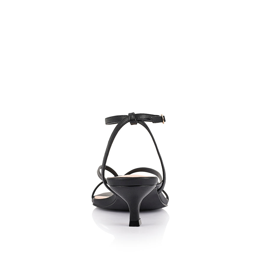 Women's low kitten heel, strappy thong style with adjustable ankle strap in smooth black