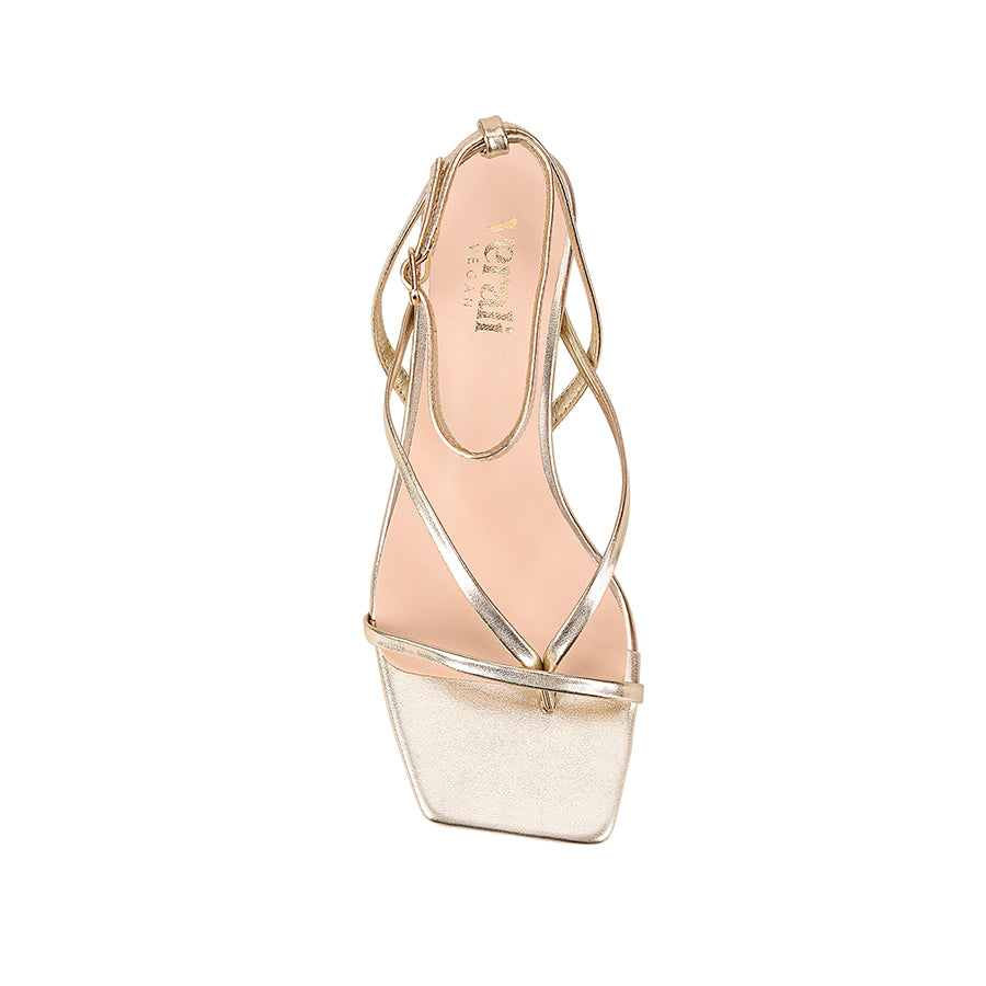 Women's low kitten heel, strappy thong style with adjustable ankle strap in metallic champagne gold