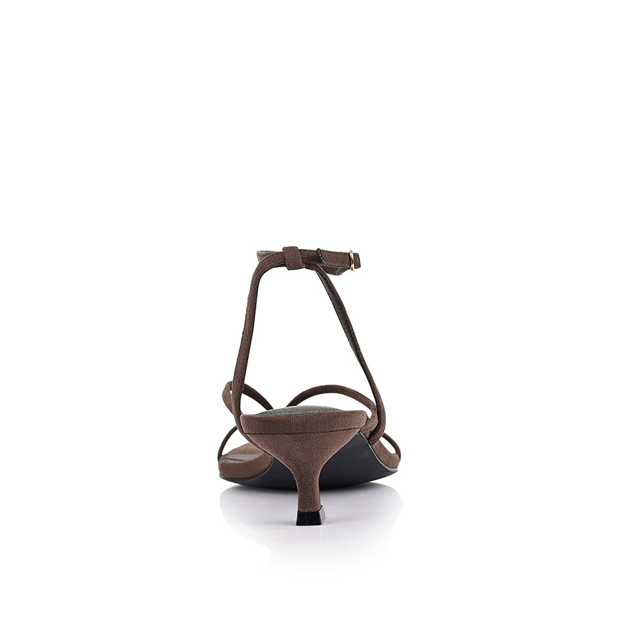 Women's low kitten heel, strappy thong style with adjustable ankle strap in chocolate brown microsuede