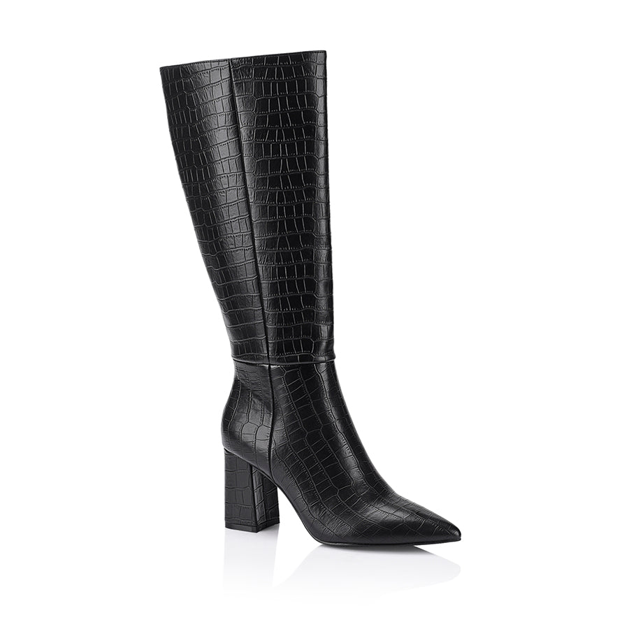 Women's vegan black croc embossed knee high boot with block heel and pointed toe