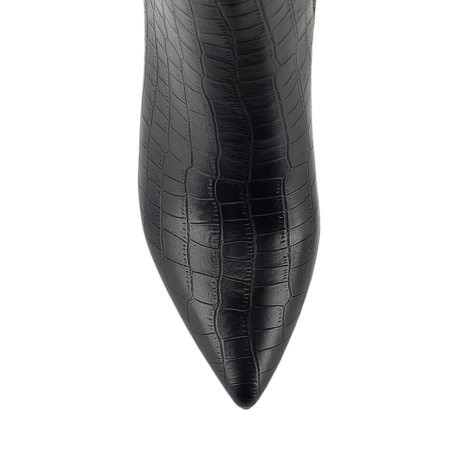 Women's vegan black croc embossed knee high boot with block heel and pointed toe