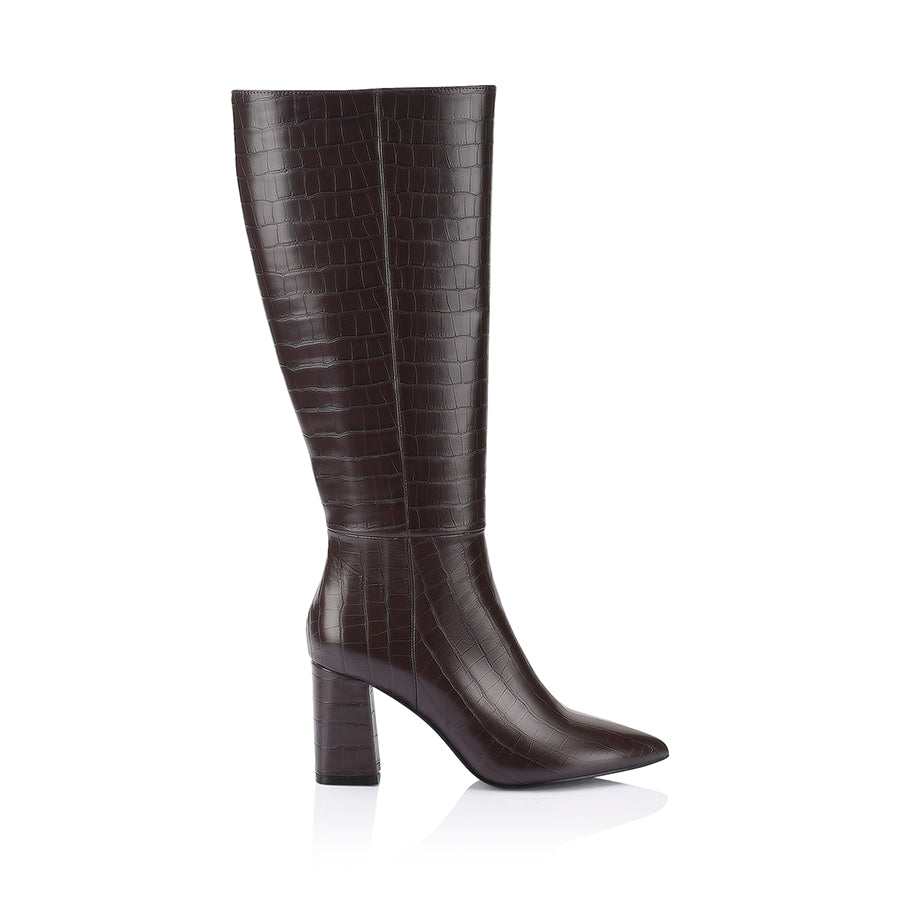 Magda Tall Boots Chocolate Brown Croc – Verali Shoes