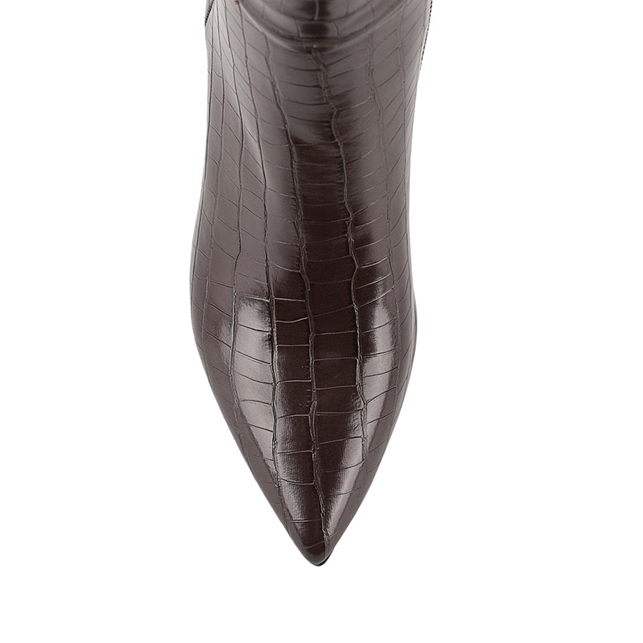 Women's vegan chocolate brown croc embossed knee high boot with block heel and pointed toe