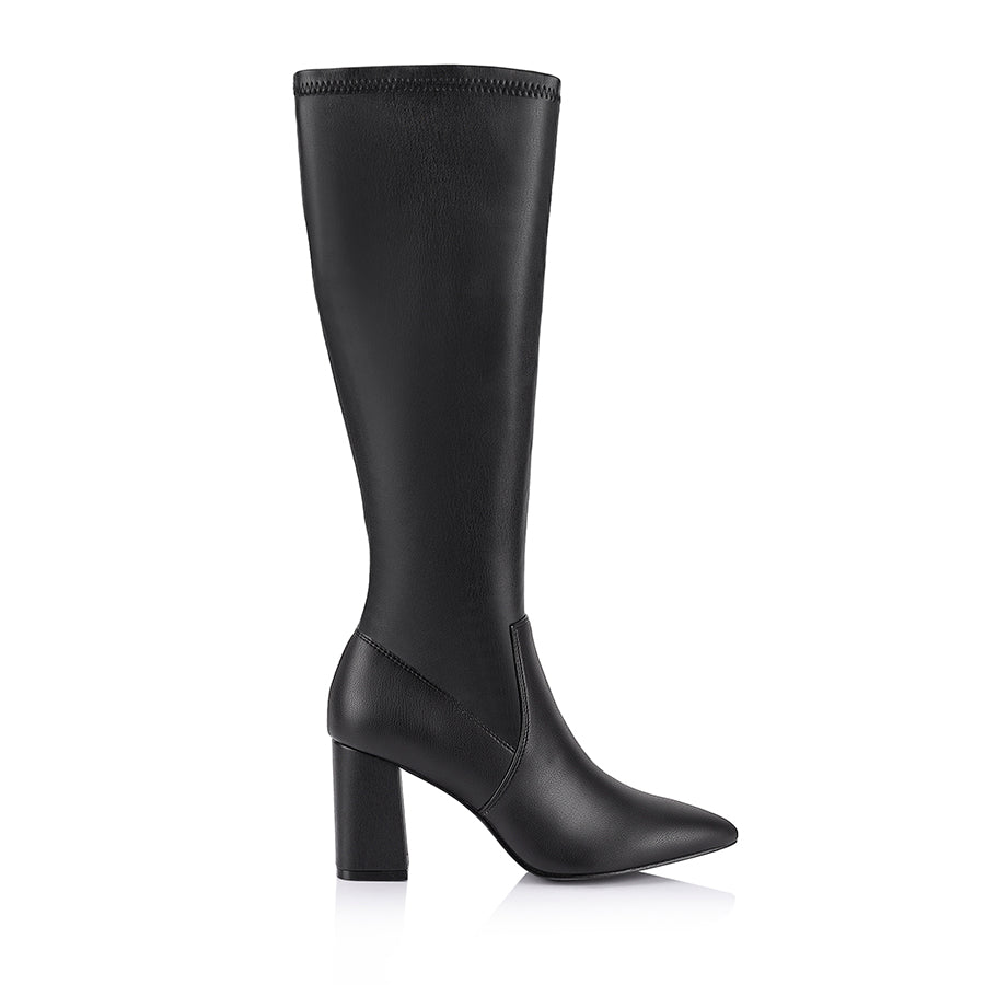 Women's black stretch high heeled knee high boots