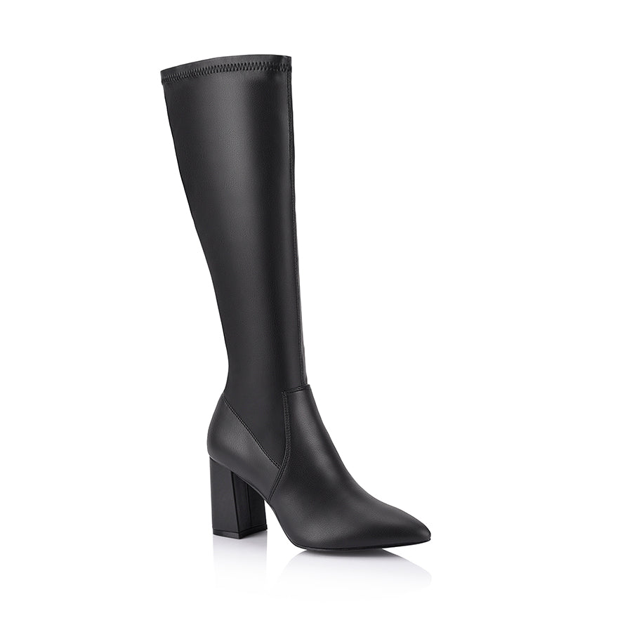 Women's black stretch high heeled knee high boots