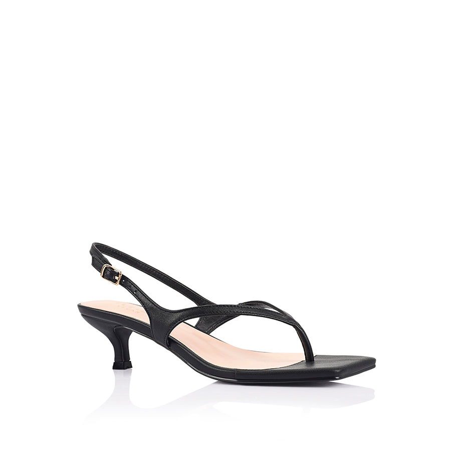 Women's kitten heel thong sandal with buckle slingback and square toe