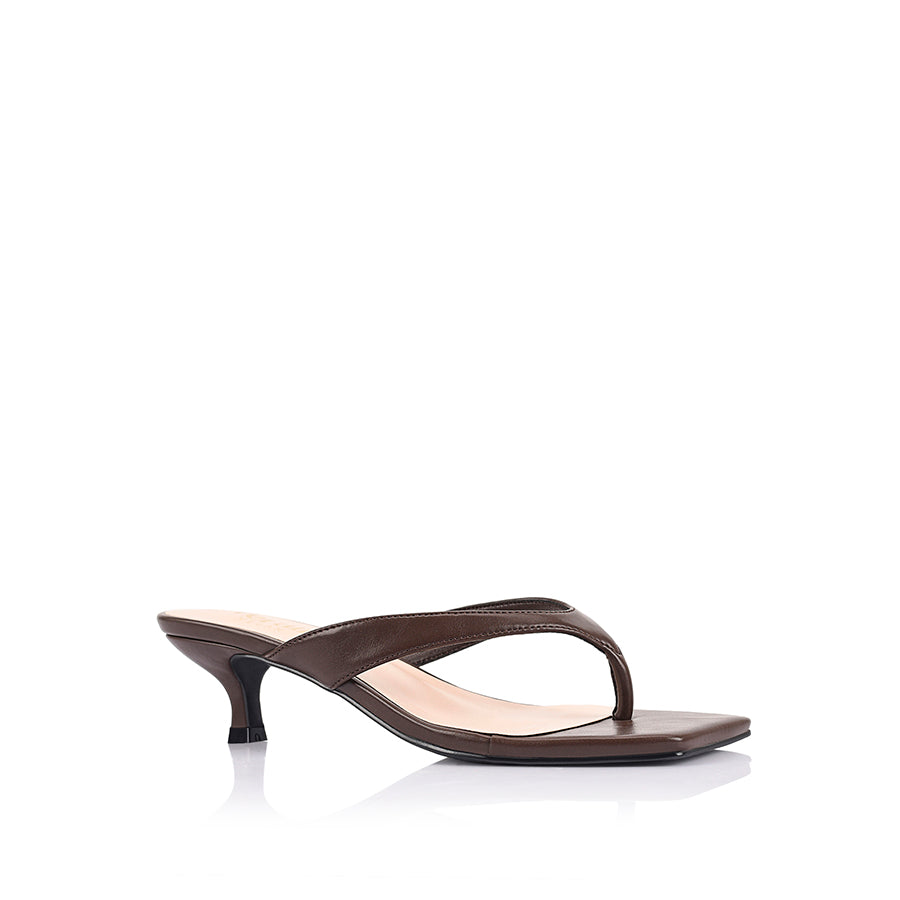 Women's kitten heel thong strappy sandal with square toe in chocolate brown vegan materials