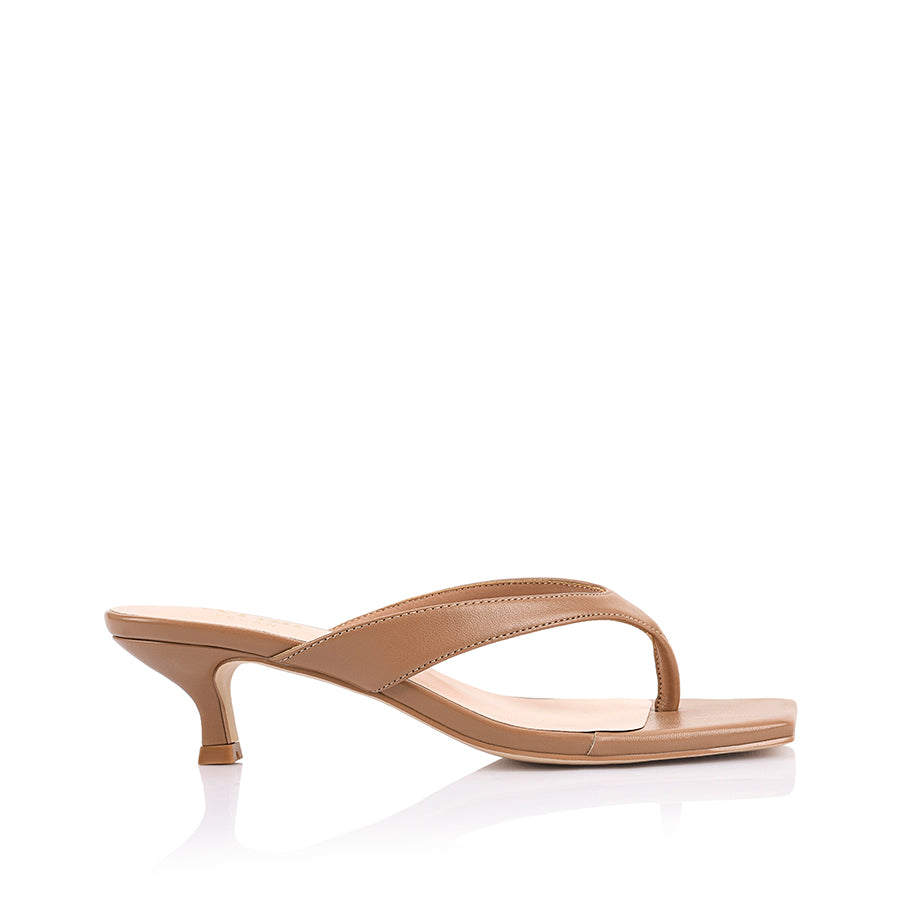 Women's kitten heel thong strappy sandal with square toe in dark camel tan vegan materials