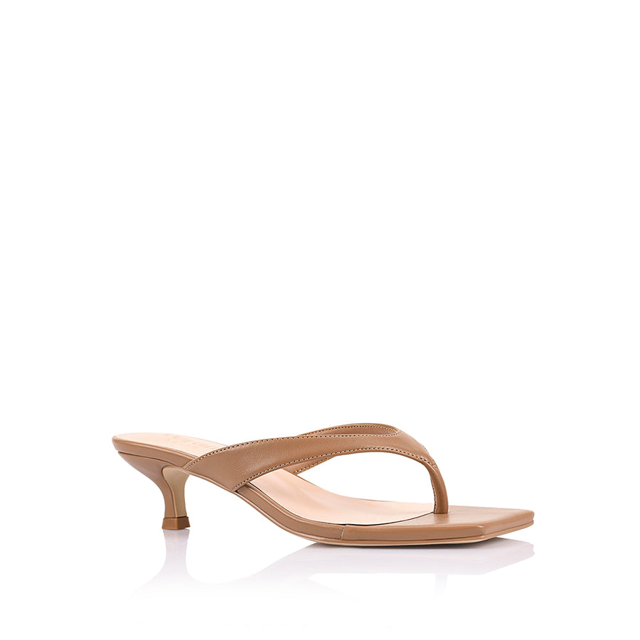 Women's kitten heel thong strappy sandal with square toe in dark camel tan vegan materials