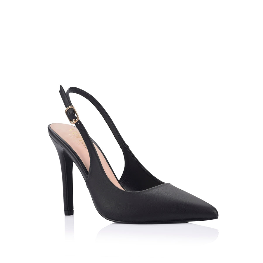 High heel black pump with buckle closure and pointed toe shape