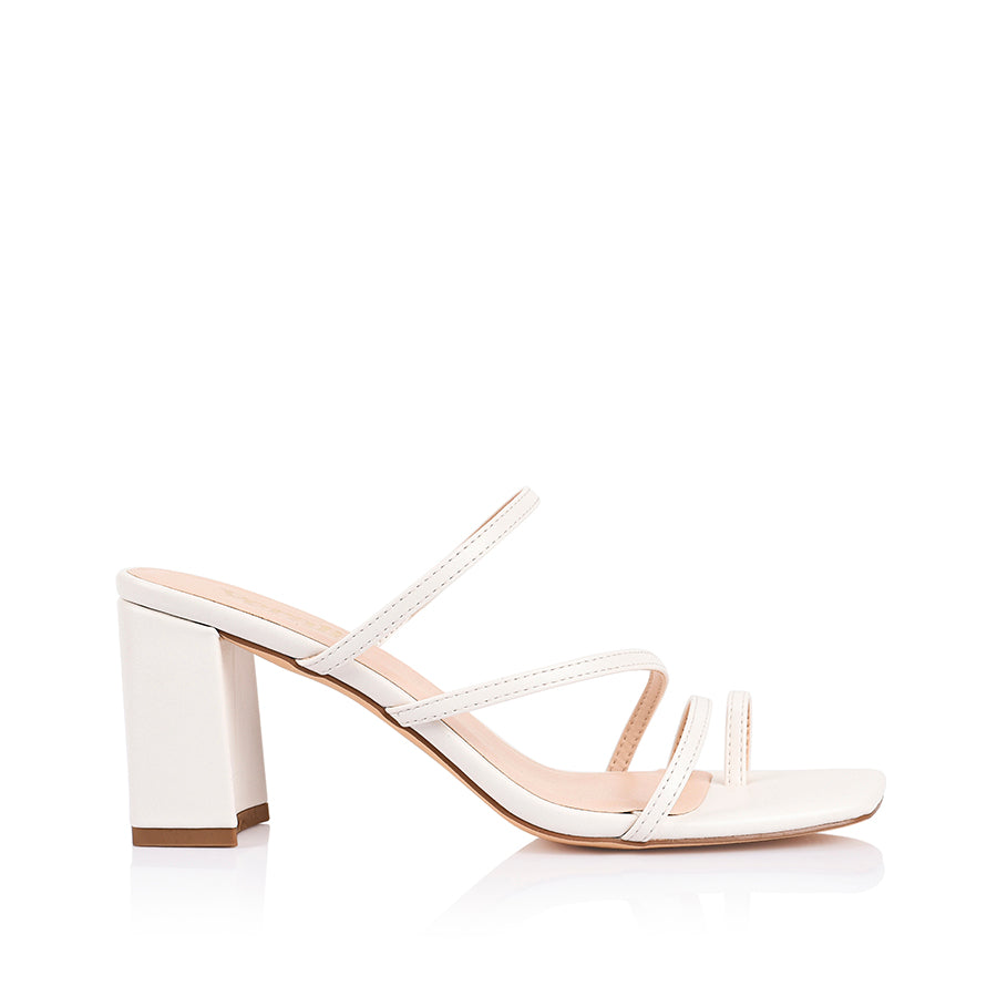 Women's chalk white vegan block heel strappy sandal with toe ring and square toe