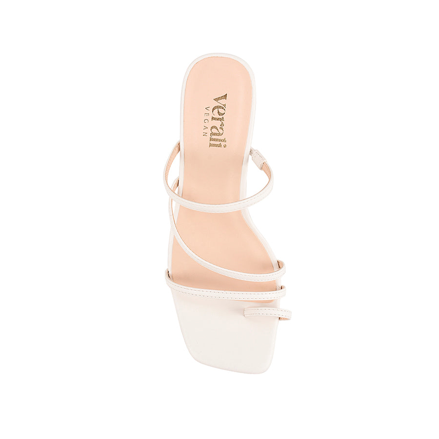 Women's chalk white vegan block heel strappy sandal with toe ring and square toe
