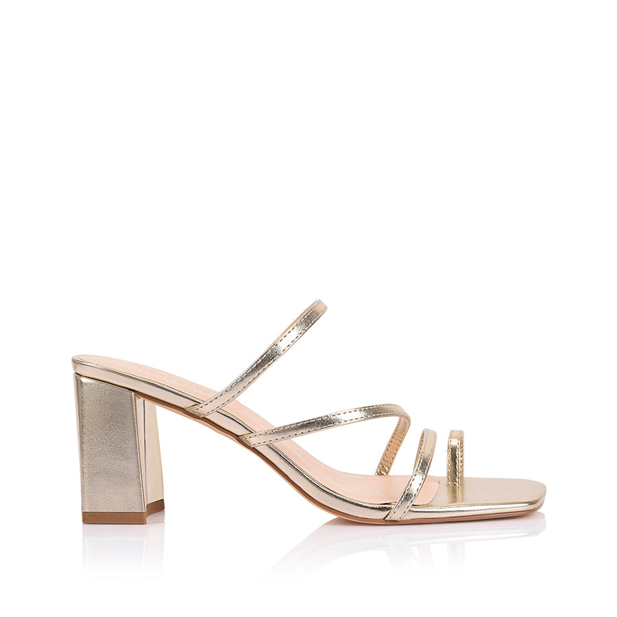 Women's champagne gold vegan block heel strappy sandal with toe ring and square toe