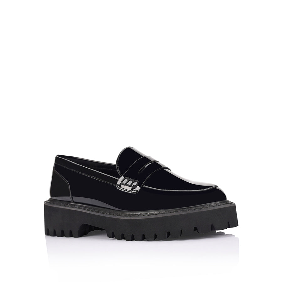 Women's chunky sole platform black patent loafer