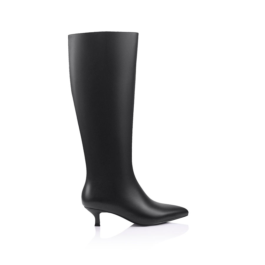 Black high knee smooth boot with a kitten heel and zip closure