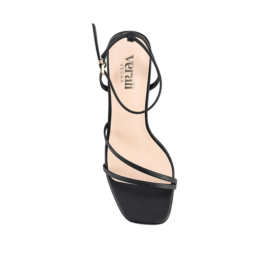 Black high-heeled sandal with thin straps that fasten with a gold buckle