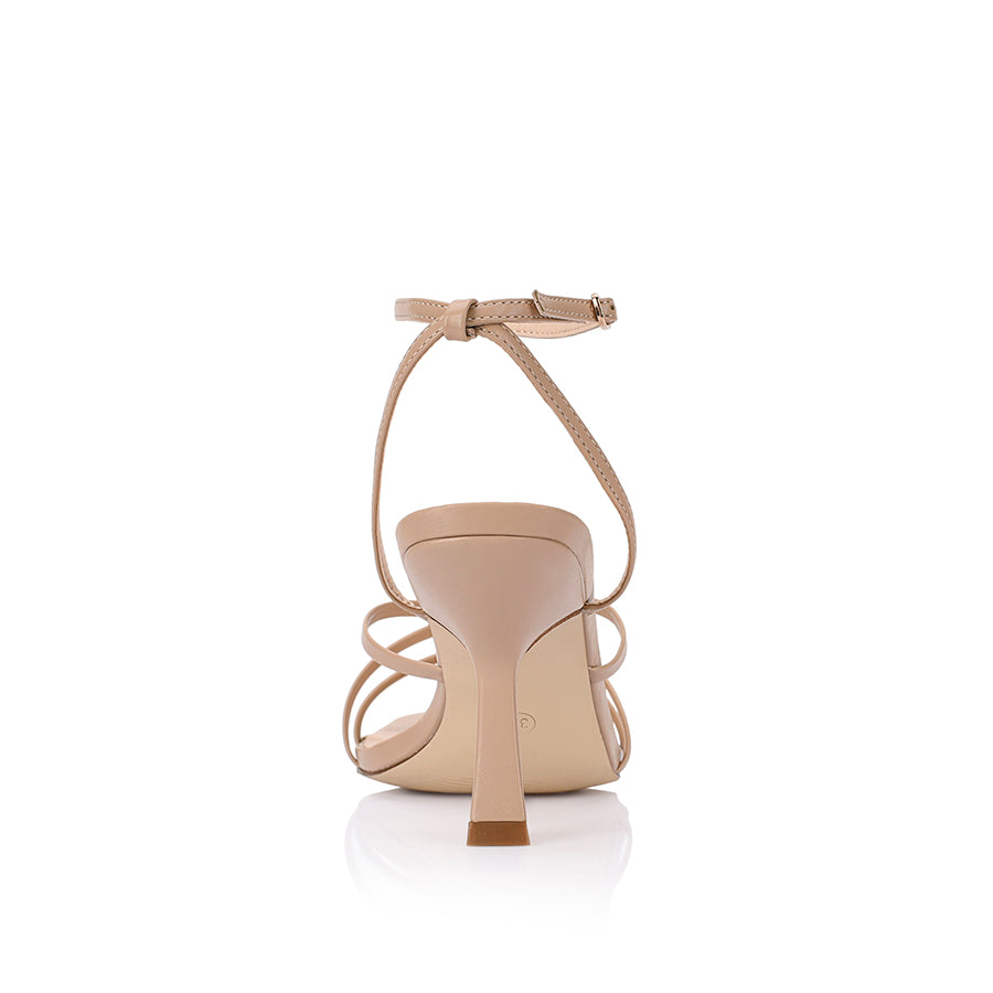Women's heeled strappy sandal in beige vegan leather with ankle strap and square toe