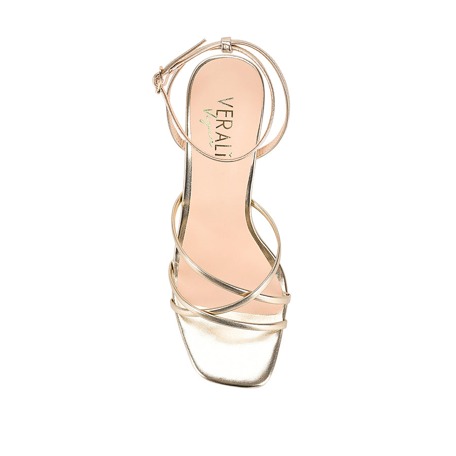 Women's heeled strappy sandal in champagne gold vegan leather with ankle strap and square toe