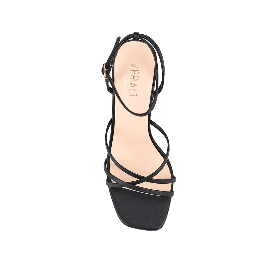 Women's black vegan strappy heeled sandal with square toe