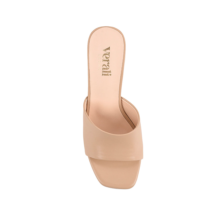 Women's beige vegan stiletto heeled mule with square toe