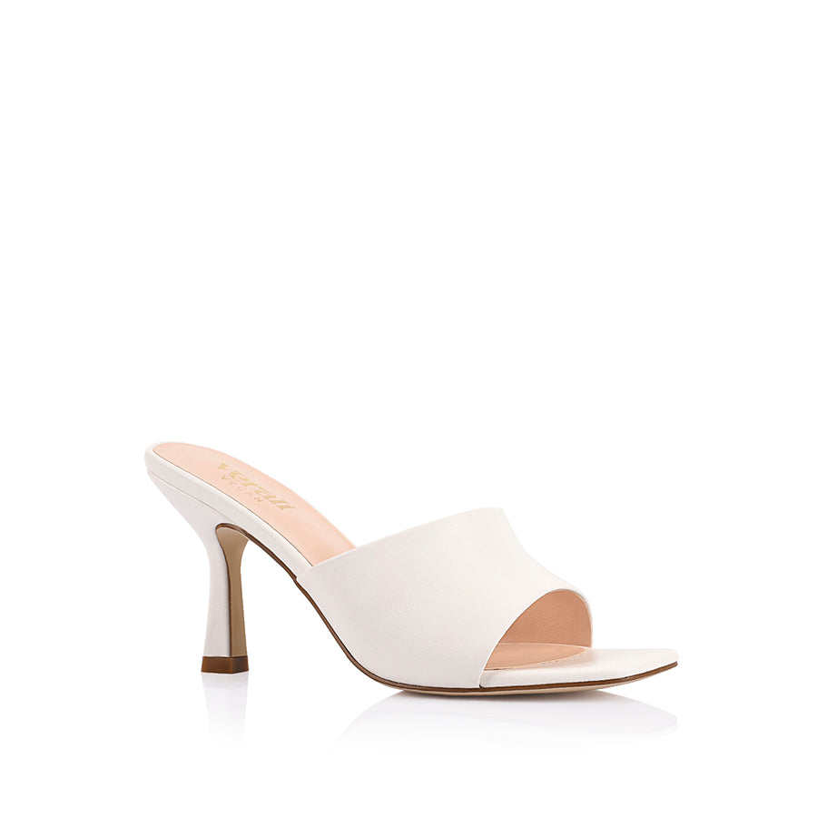 Women's white vegan stiletto heeled mule with square toe