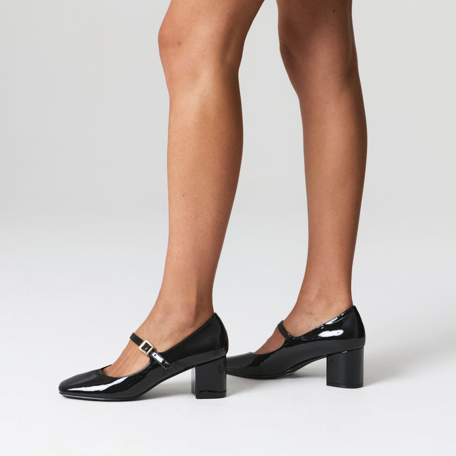 Riley Mary-Jane Block Heels - Black Patent