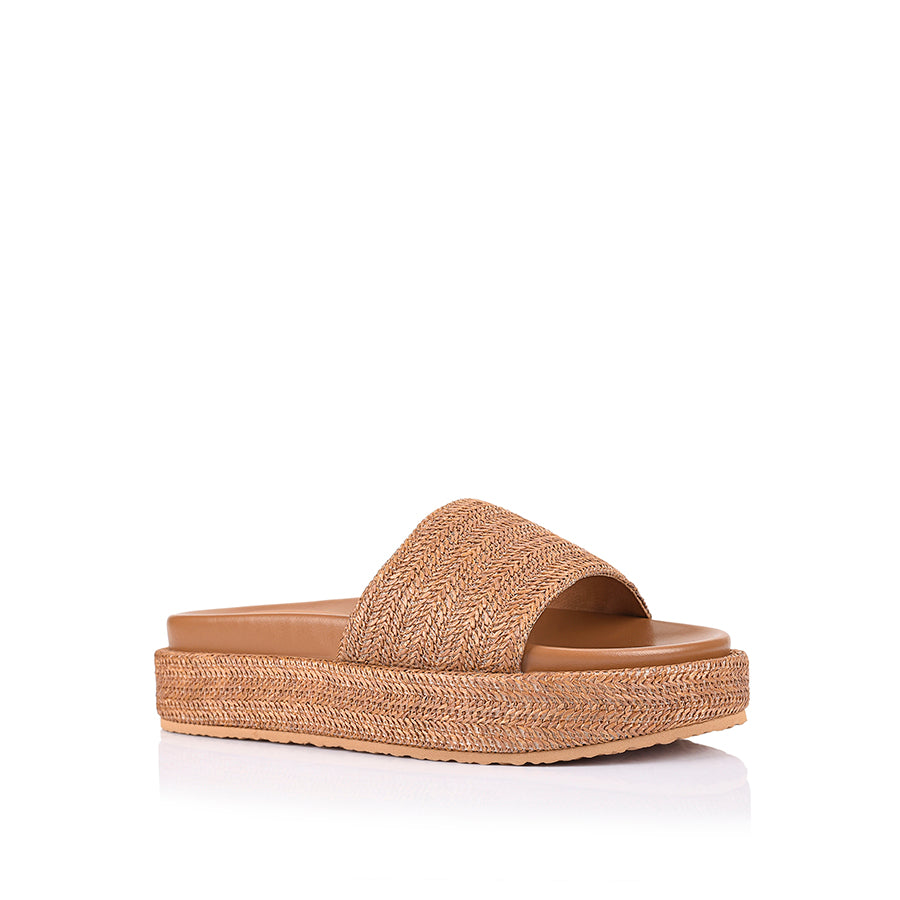 Romy Flatform Slides - Tan Raffia