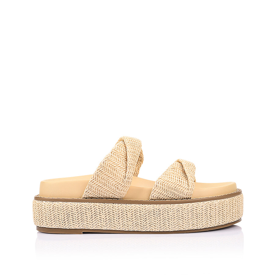 Women's natural raffia vegan platform footbed slide