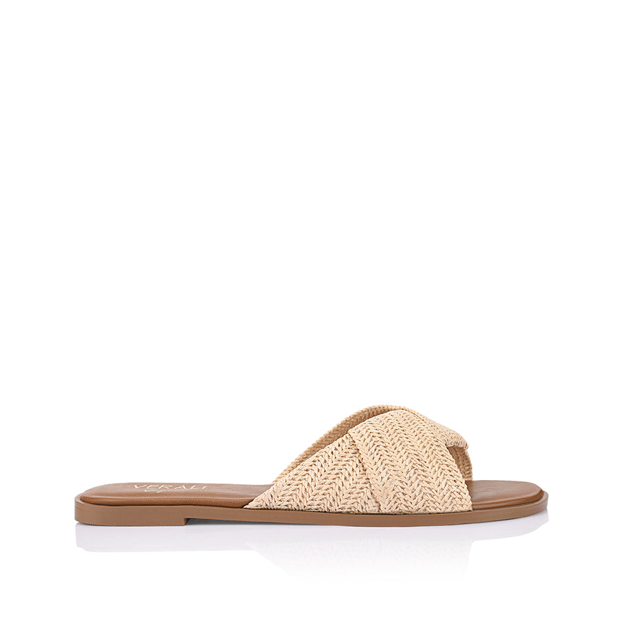 Women's raffia and tan vegan slip on flat slides for summer